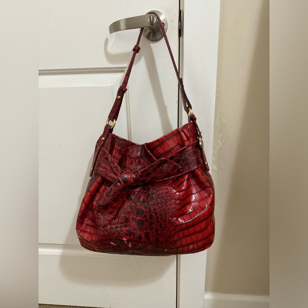 Brahim Red/Burgundy Black Embossed Crocodile Purse
Wallet Gold Accent Details